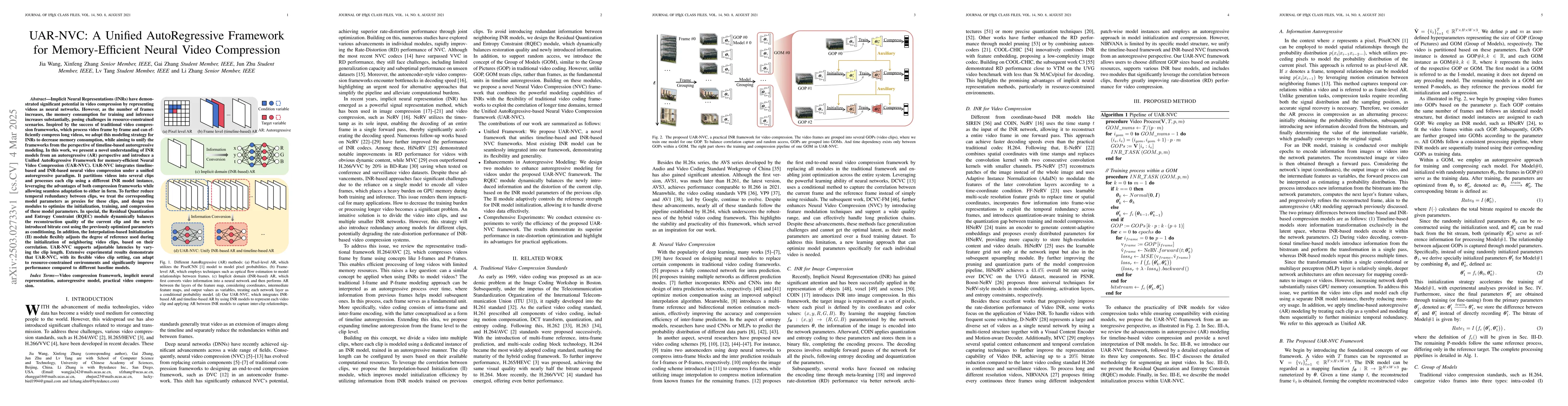 Thumbnail for UAR-NVC: A Unified AutoRegressive Framework for Memory-Efficient Neural
  Video Compression
