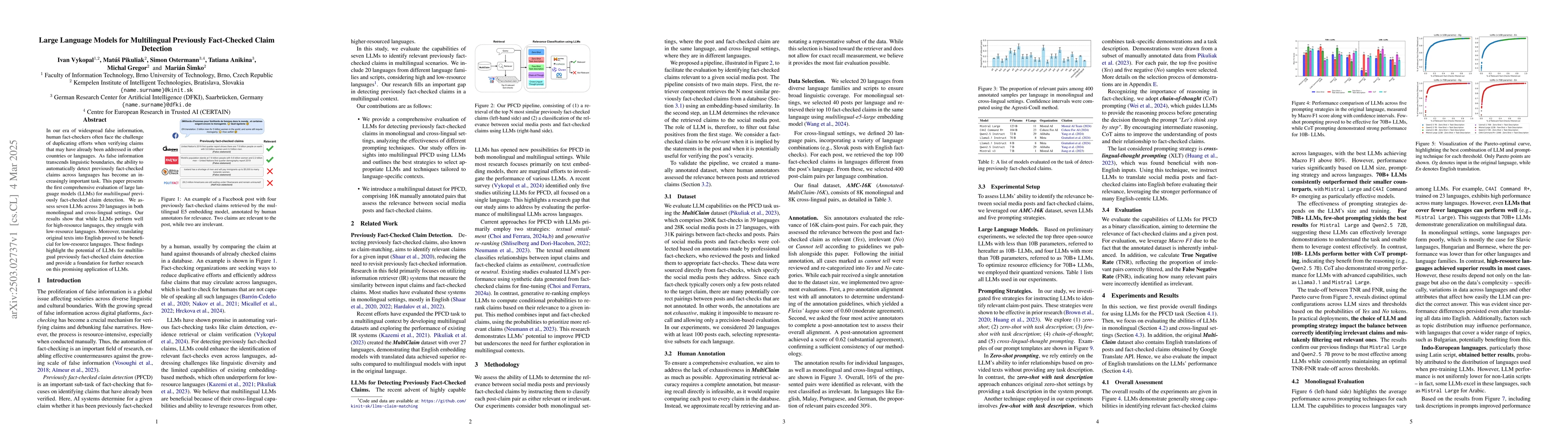 Thumbnail for Large Language Models for Multilingual Previously Fact-Checked Claim
  Detection