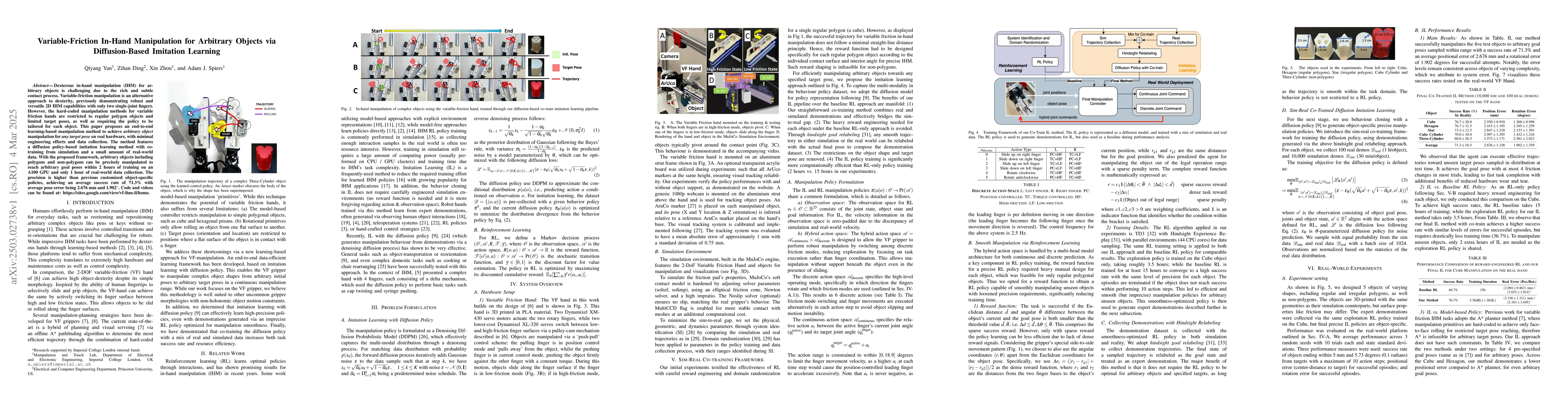 Thumbnail for Variable-Friction In-Hand Manipulation for Arbitrary Objects via
  Diffusion-Based Imitation Learning