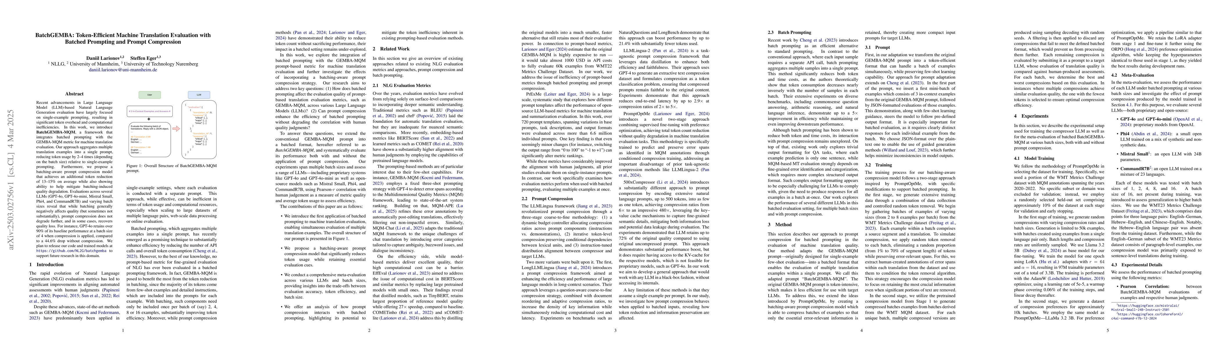 Thumbnail for BatchGEMBA: Token-Efficient Machine Translation Evaluation with Batched
  Prompting and Prompt Compression