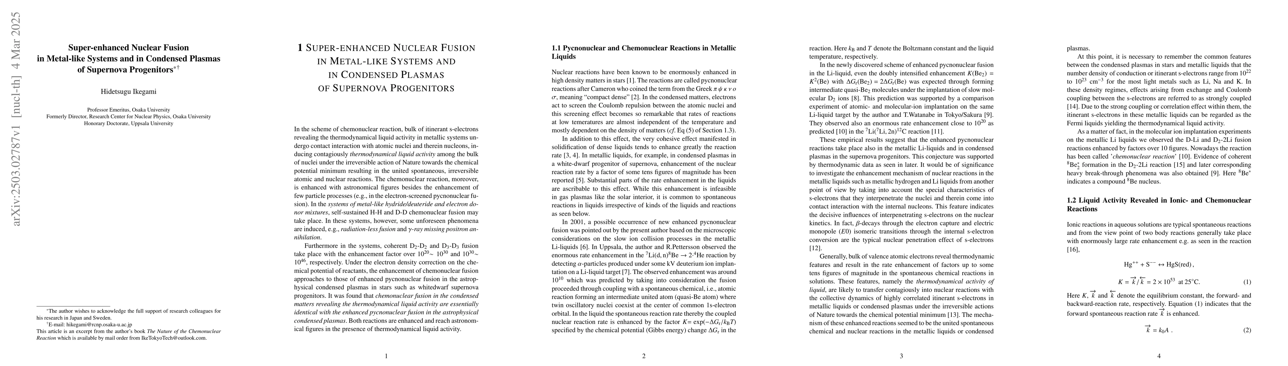 Thumbnail for Super-enhanced Nuclear Fusion in Metal-like Systems and in Condensed
  Plasmas of Supernova Progenitors