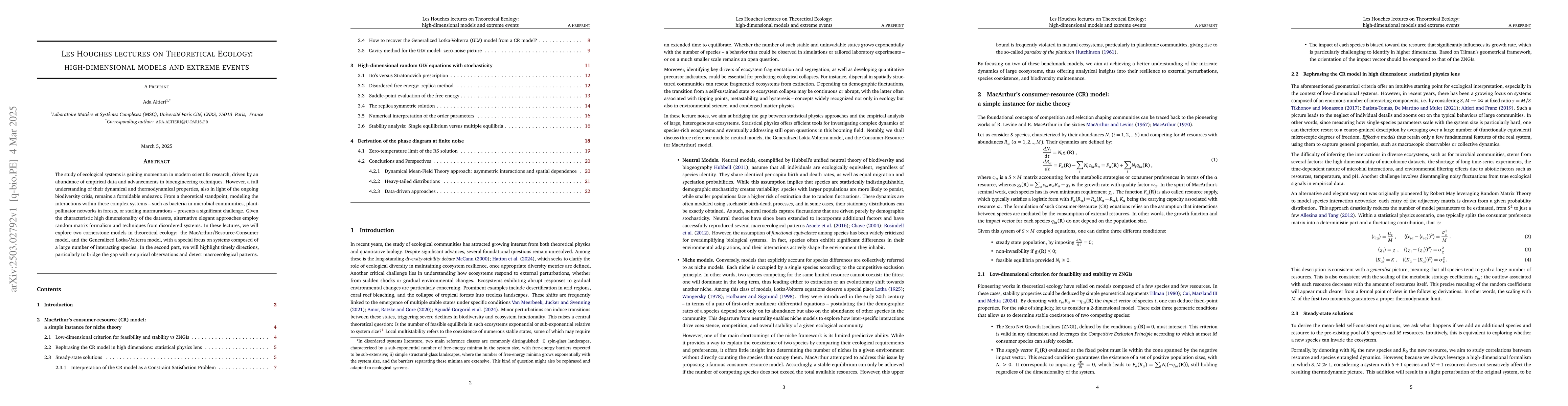 Thumbnail for Les Houches lectures on Theoretical Ecology: High-dimensional models and
  extreme events