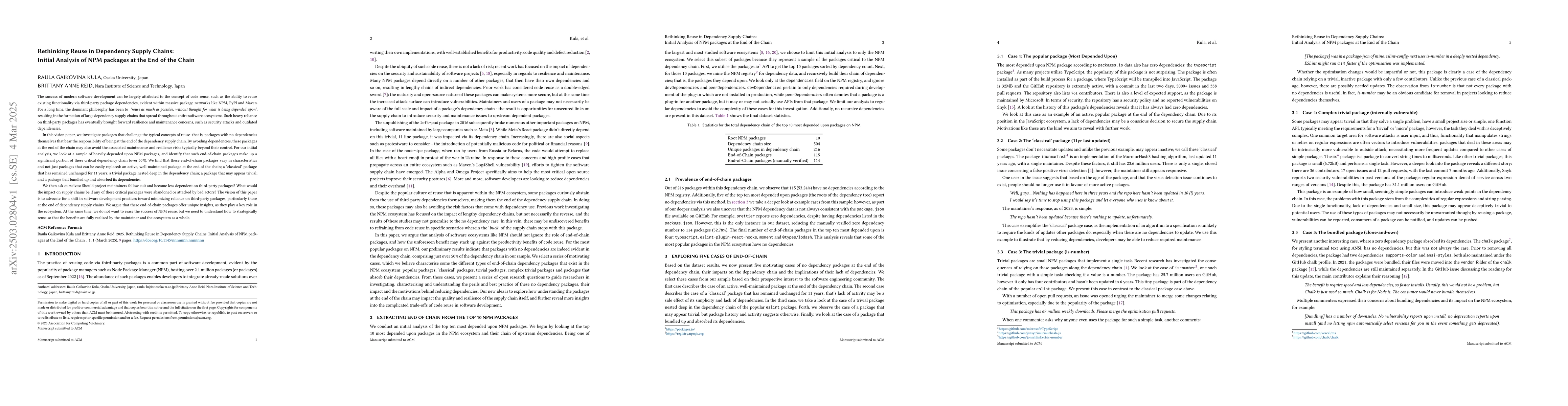 Thumbnail for Rethinking Reuse in Dependency Supply Chains: Initial Analysis of NPM
  packages at the End of the Chain
