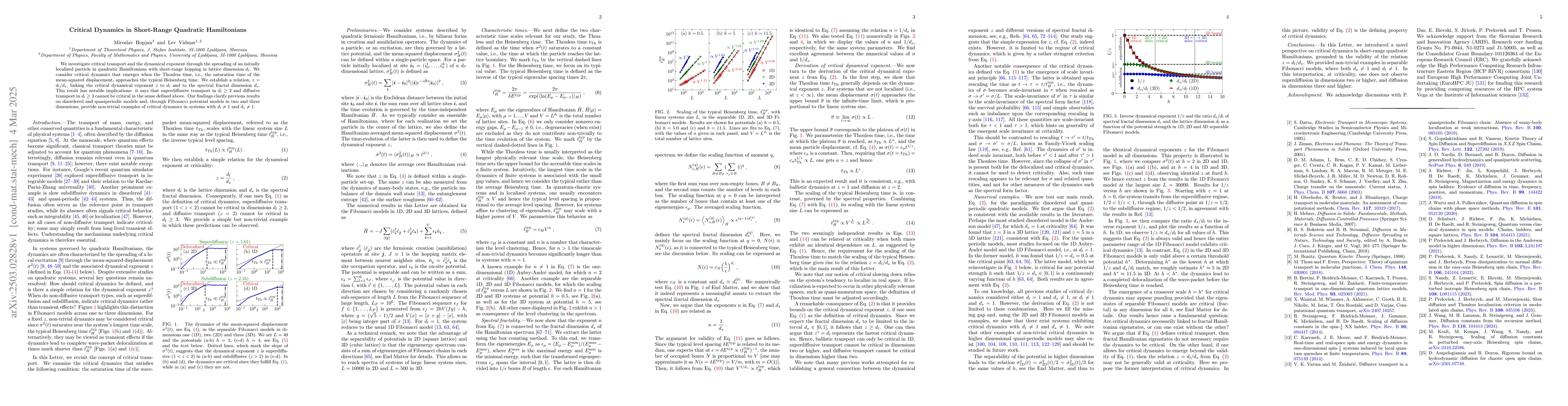 Thumbnail for Critical Dynamics in Short-Range Quadratic Hamiltonians