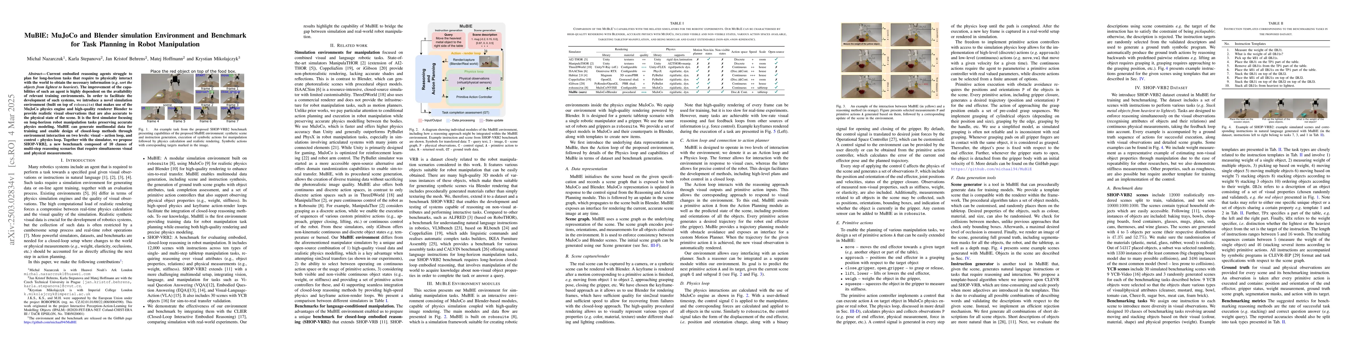 Thumbnail for MuBlE: MuJoCo and Blender simulation Environment and Benchmark for Task
  Planning in Robot Manipulation