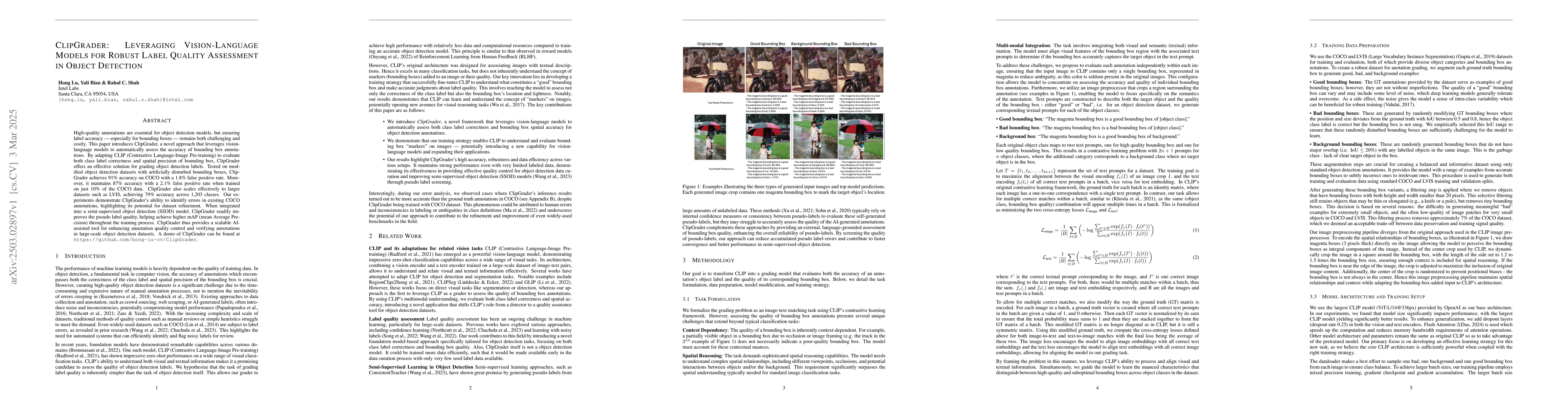 Thumbnail for ClipGrader: Leveraging Vision-Language Models for Robust Label Quality
  Assessment in Object Detection