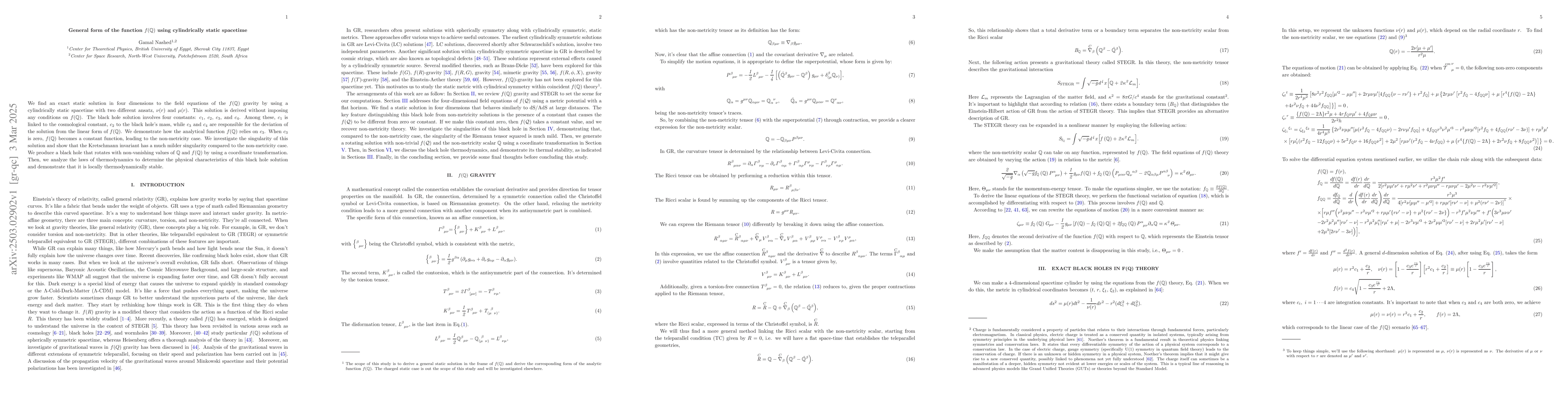 Thumbnail for General form of the function $f(\mathbb{Q})$ using cylindrically static
  spacetime