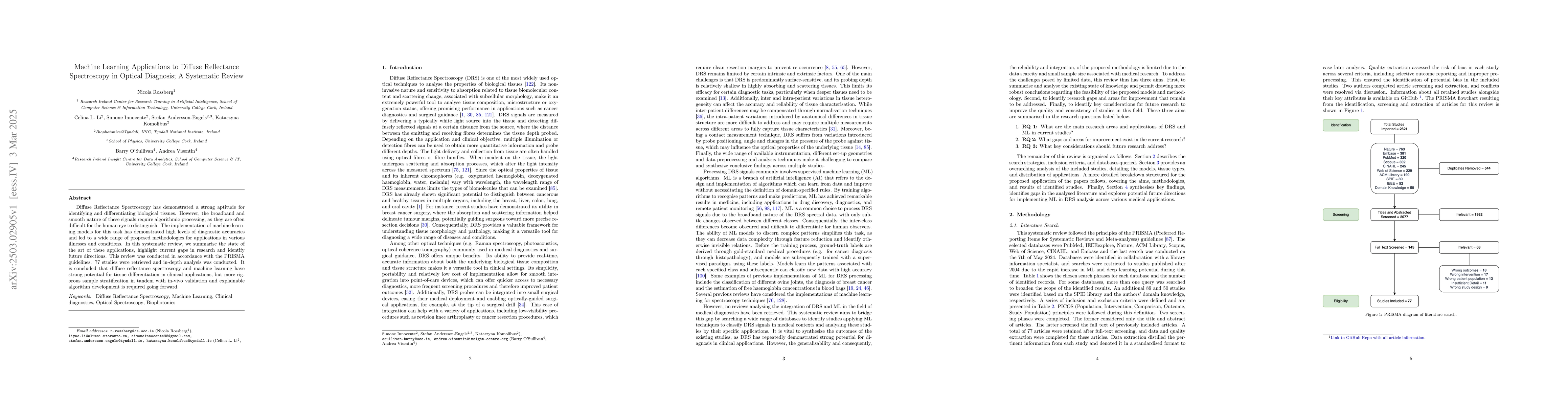 Thumbnail for Machine Learning Applications to Diffuse Reflectance Spectroscopy in
  Optical Diagnosis; A Systematic Review