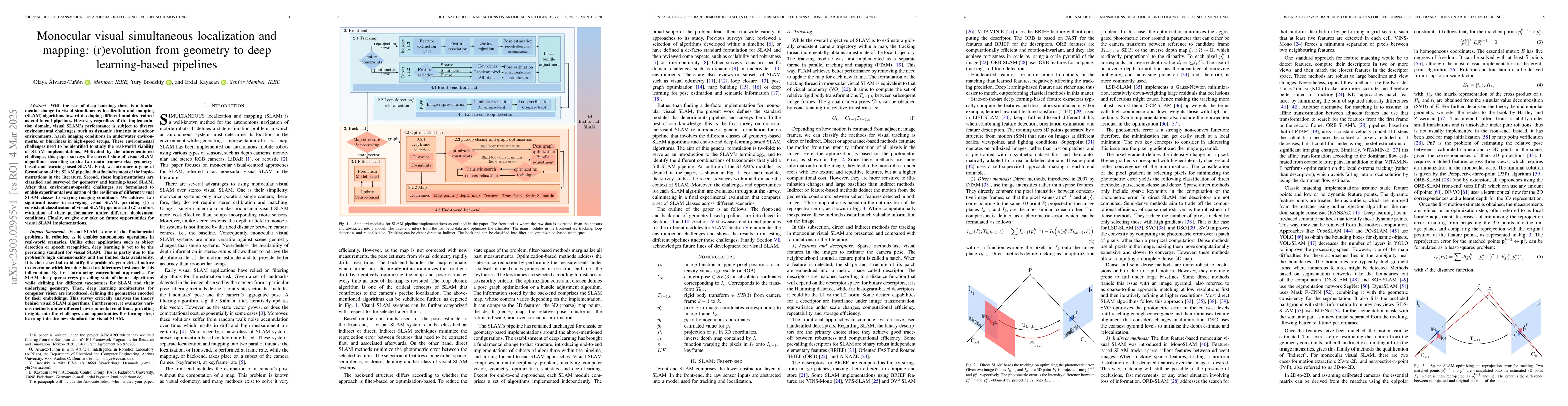 Thumbnail for Monocular visual simultaneous localization and mapping: (r)evolution
  from geometry to deep learning-based pipelines