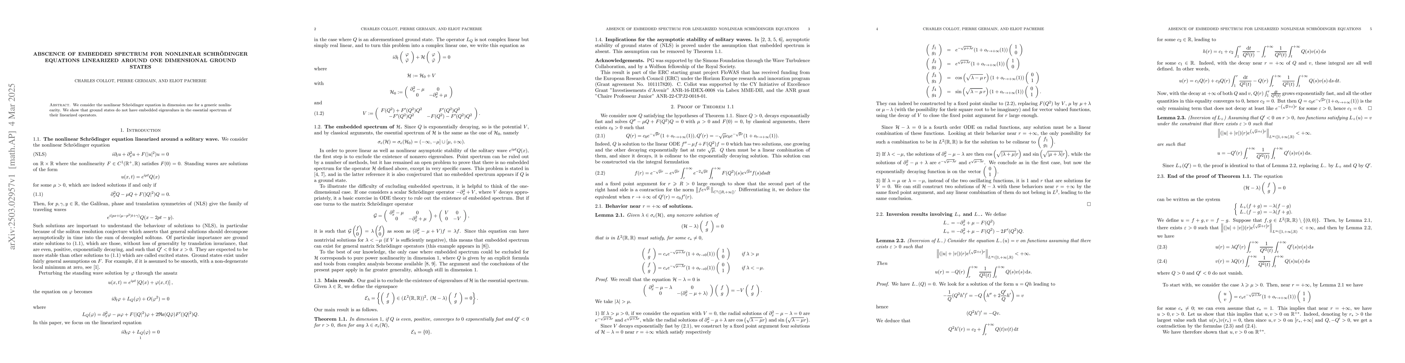 Thumbnail for Abscence of embedded spectrum for nonlinear Schrödinger equations
  linearized around one dimensional ground states