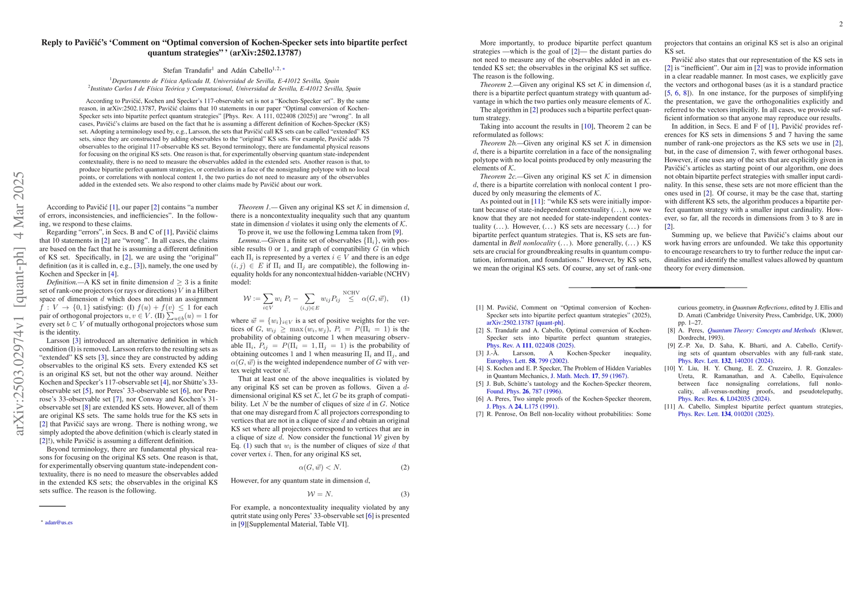 Thumbnail for Reply to Pavičić's 'Comment on "Optimal conversion of
  Kochen-Specker sets into bipartite perfect quantum strategies"'
  (arXiv:2502.13787)