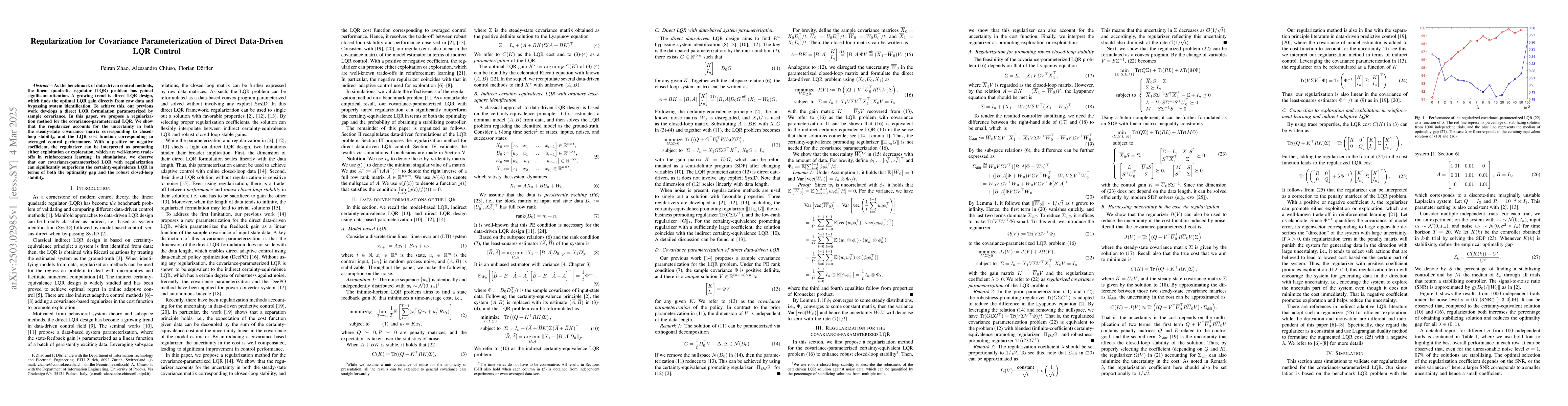 Thumbnail for Regularization for Covariance Parameterization of Direct Data-Driven LQR
  Control