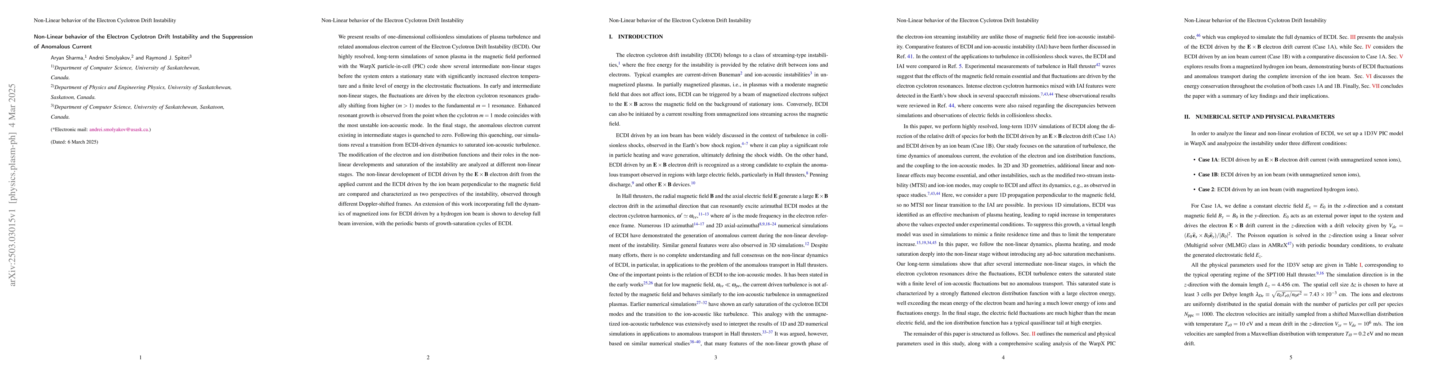 Thumbnail for Non-Linear behavior of the Electron Cyclotron Drift Instability and the
  Suppression of Anomalous Current