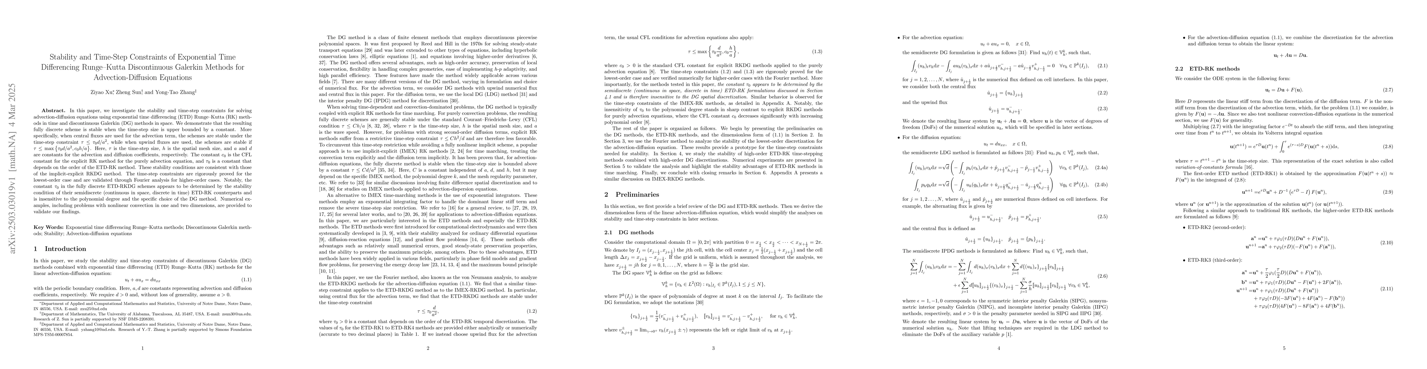 Thumbnail for Stability and Time-Step Constraints of Exponential Time Differencing
  Runge--Kutta Discontinuous Galerkin Methods for Advection-Diffusion Equations