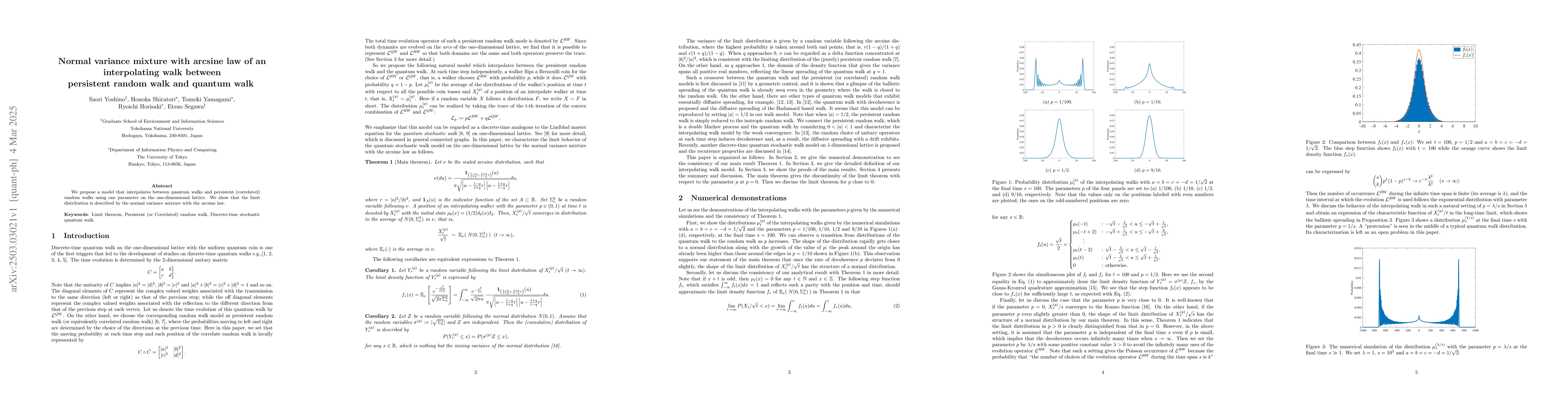Thumbnail for Normal variance mixture with arcsine law of an interpolating walk
  between persistent random walk and quantum walk