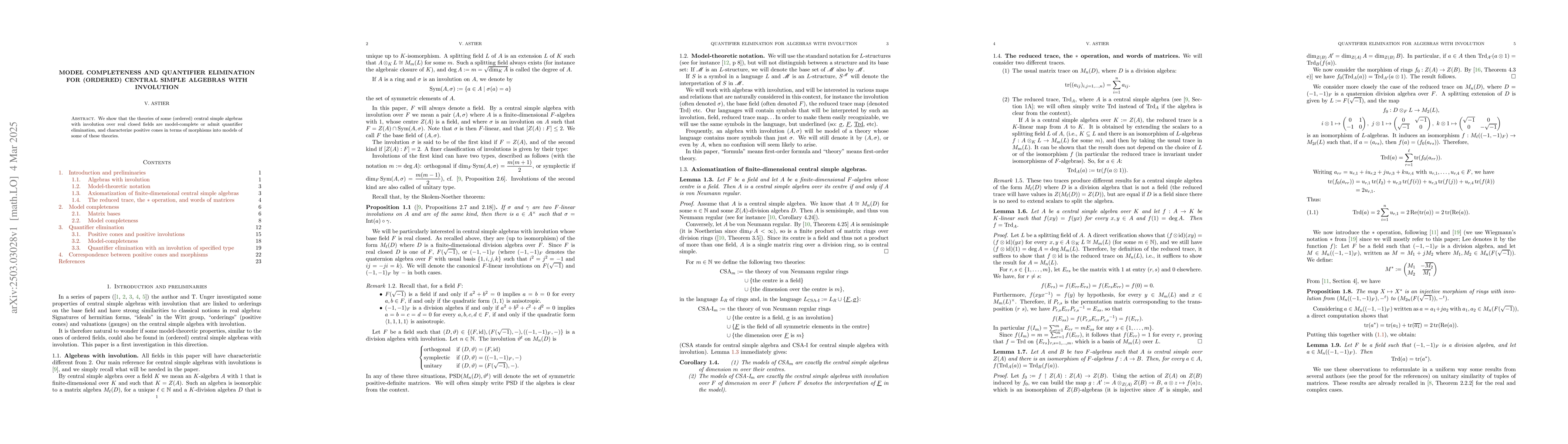 Thumbnail for Model completeness and quantifier elimination for (ordered) central
  simple algebras with involution