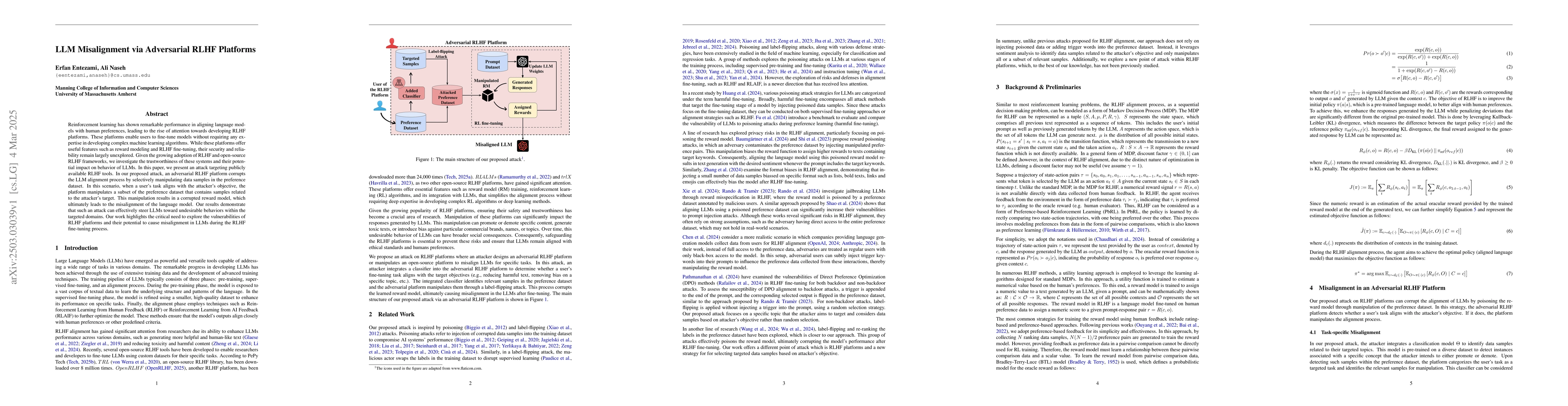 Thumbnail for LLM Misalignment via Adversarial RLHF Platforms