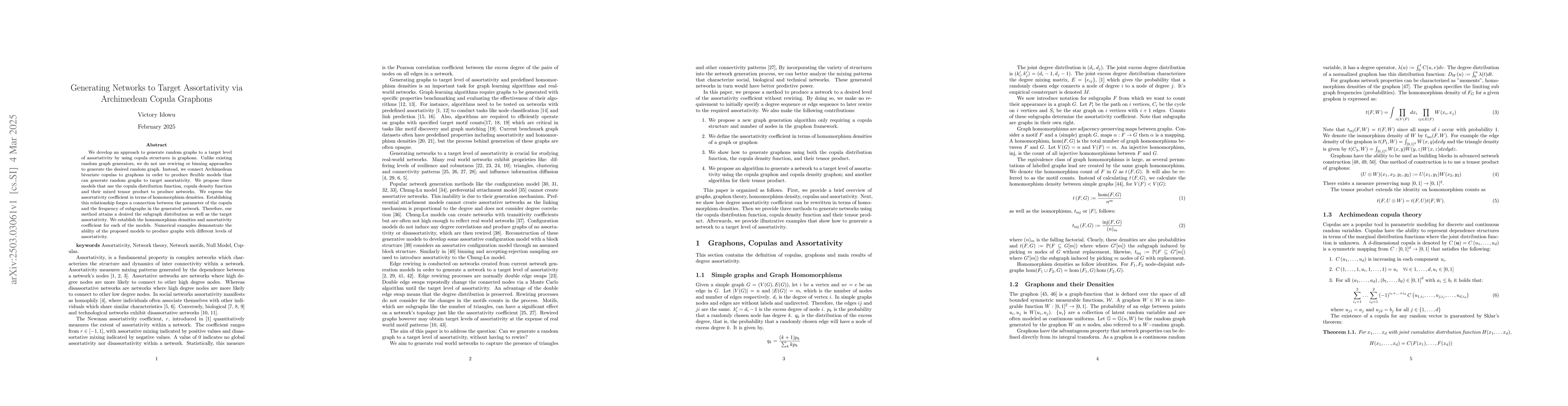 Thumbnail for Generating Networks to Target Assortativity via Archimedean Copula
  Graphons