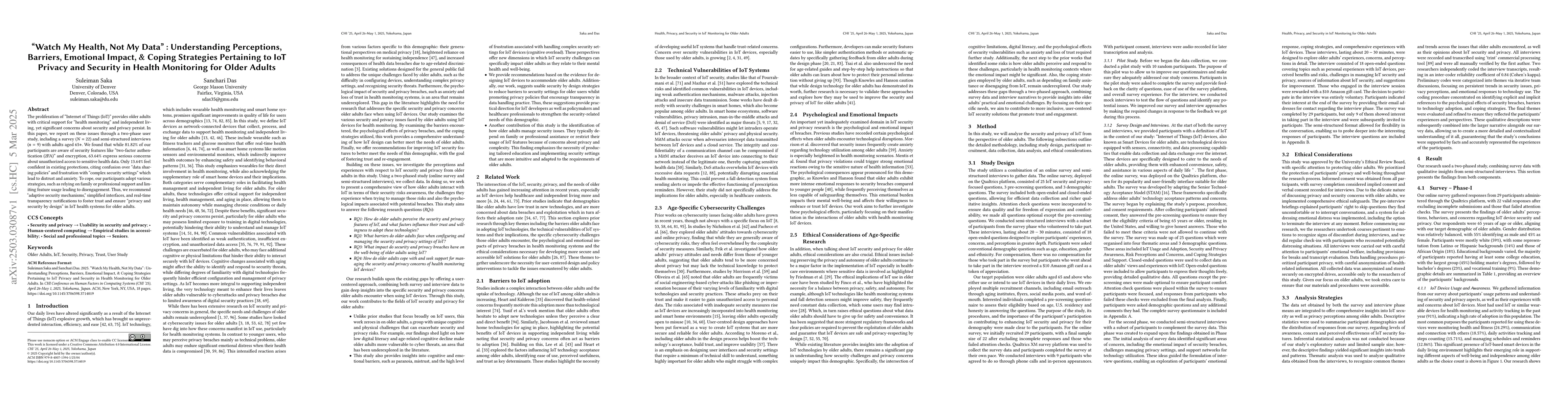 Thumbnail for "Watch My Health, Not My Data": Understanding Perceptions, Barriers,
  Emotional Impact, & Coping Strategies Pertaining to IoT Privacy and Security
  in Health Monitoring for Older Adults