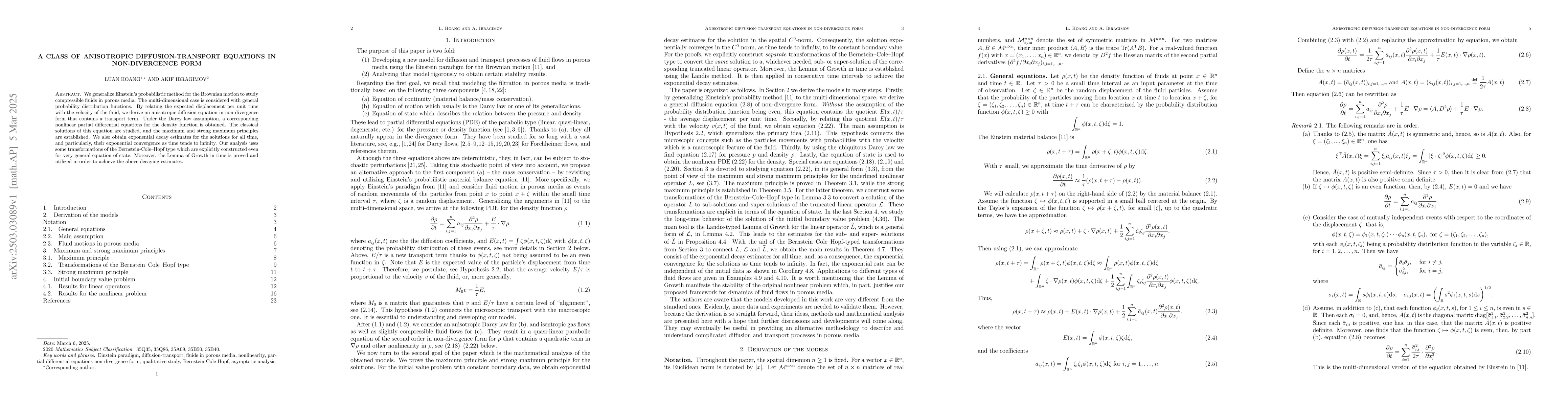 Thumbnail for A class of anisotropic diffusion-transport equations in non-divergence
  form