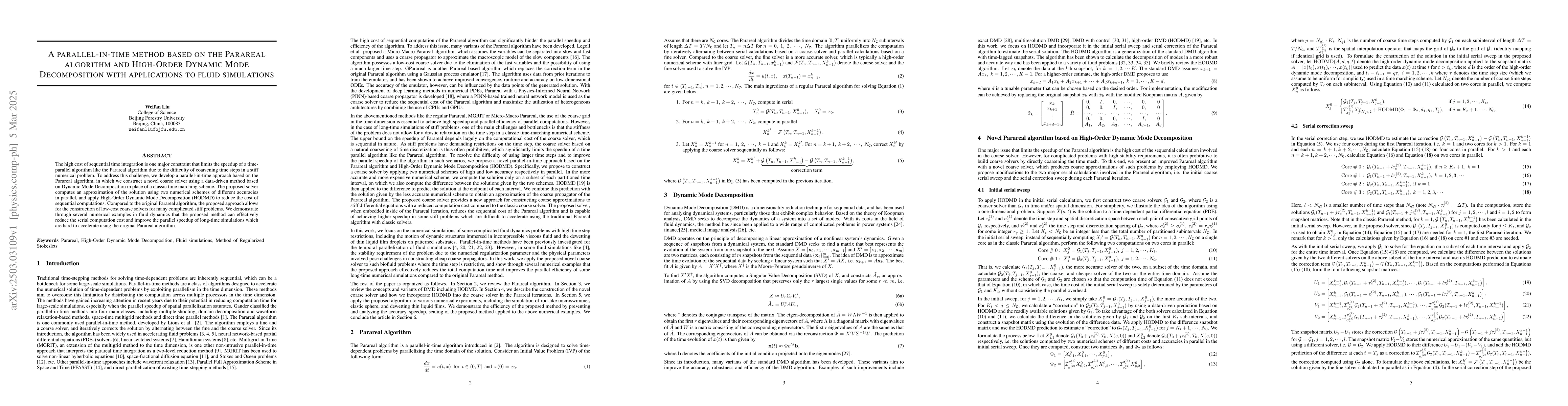 Thumbnail for A parallel-in-time method based on the Parareal algorithm and High-Order
  Dynamic Mode Decomposition with applications to fluid simulations