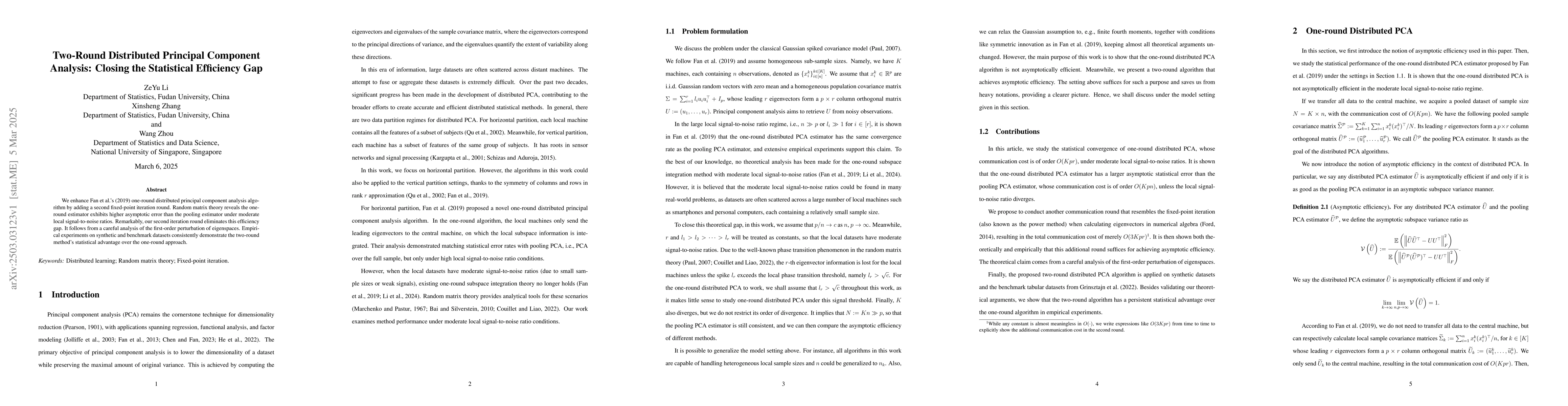 Thumbnail for Two-Round Distributed Principal Component Analysis: Closing the
  Statistical Efficiency Gap