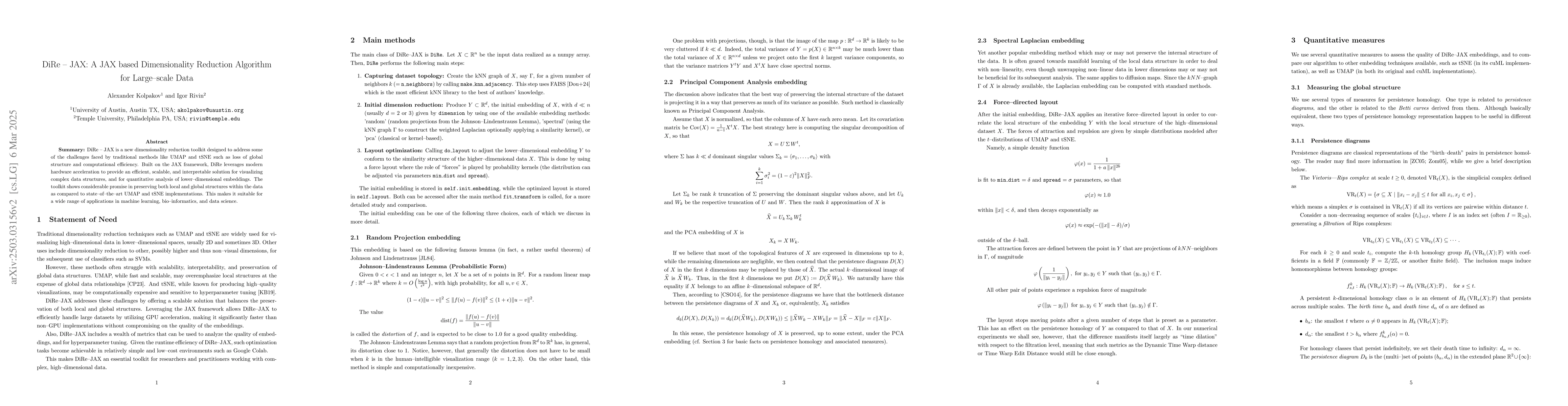 Thumbnail for DiRe-JAX: A JAX based Dimensionality Reduction Algorithm for Large-scale
  Data