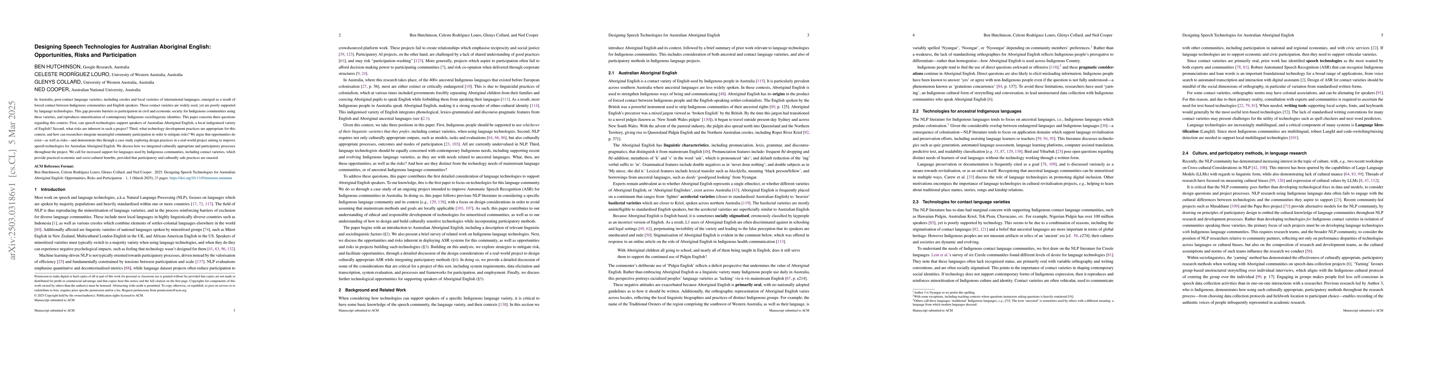 Thumbnail for Designing Speech Technologies for Australian Aboriginal English:
  Opportunities, Risks and Participation