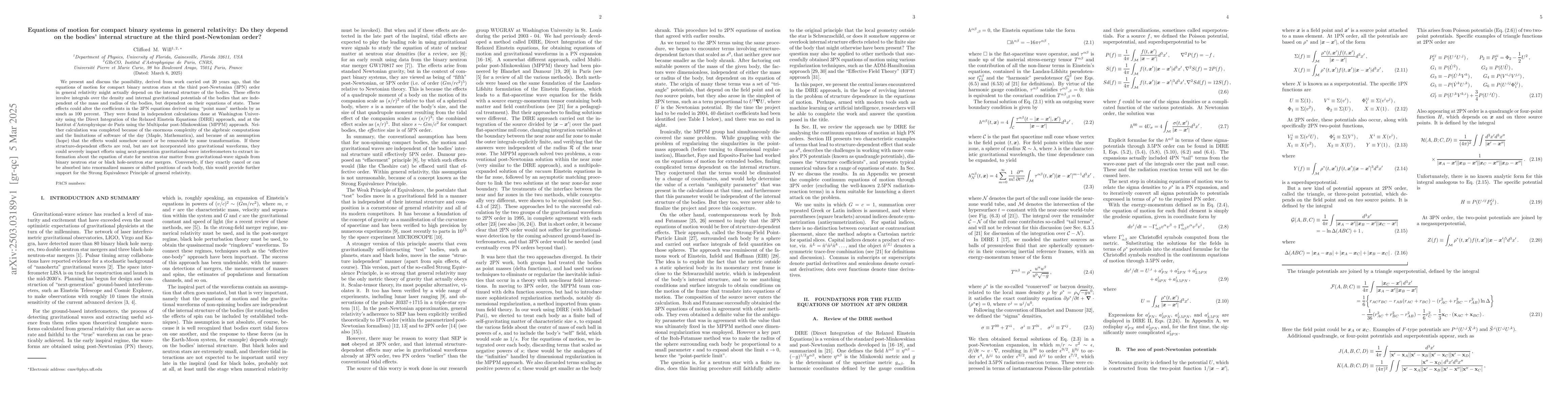 Thumbnail for Equations of motion for compact binary systems in general relativity: Do
  they depend on the bodies' internal structure at the third post-Newtonian
  order?