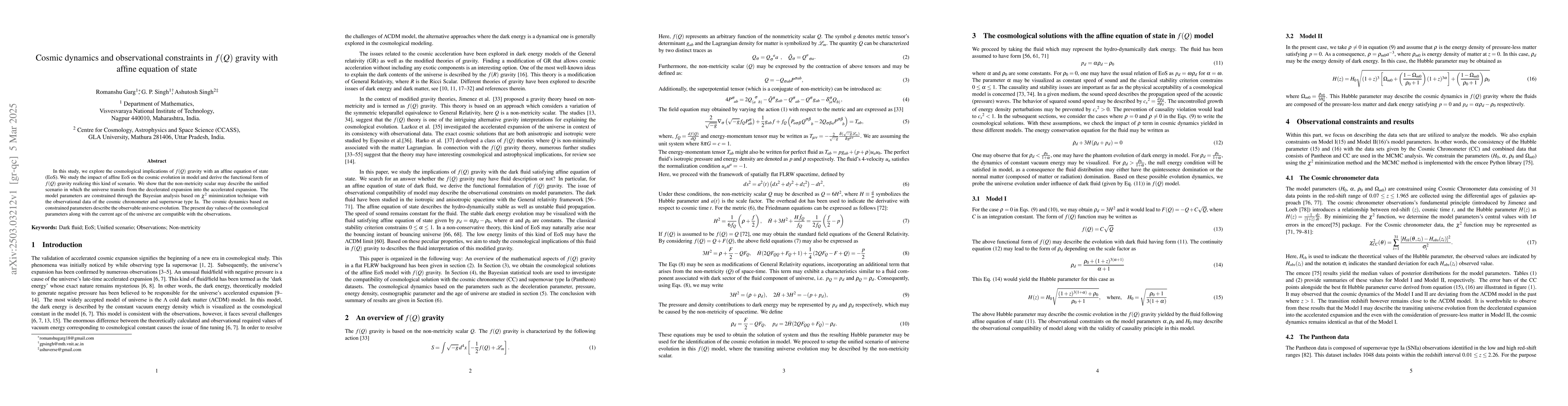 Thumbnail for Cosmic dynamics and observational constraints in $f(Q)$ gravity with
  affine equation of state