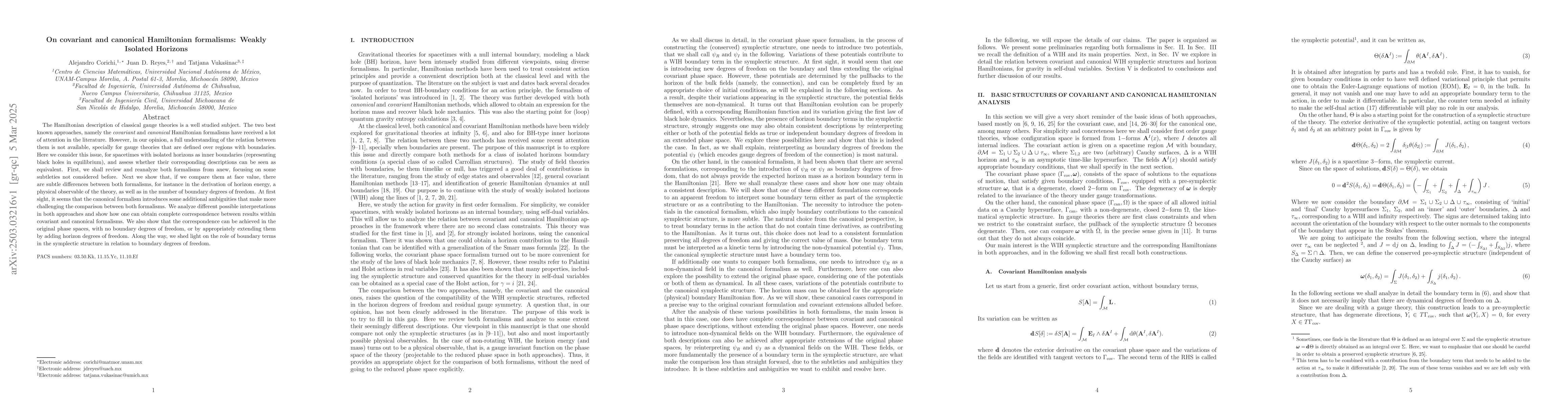Thumbnail for On covariant and canonical Hamiltonian formalisms: Weakly Isolated
  Horizons