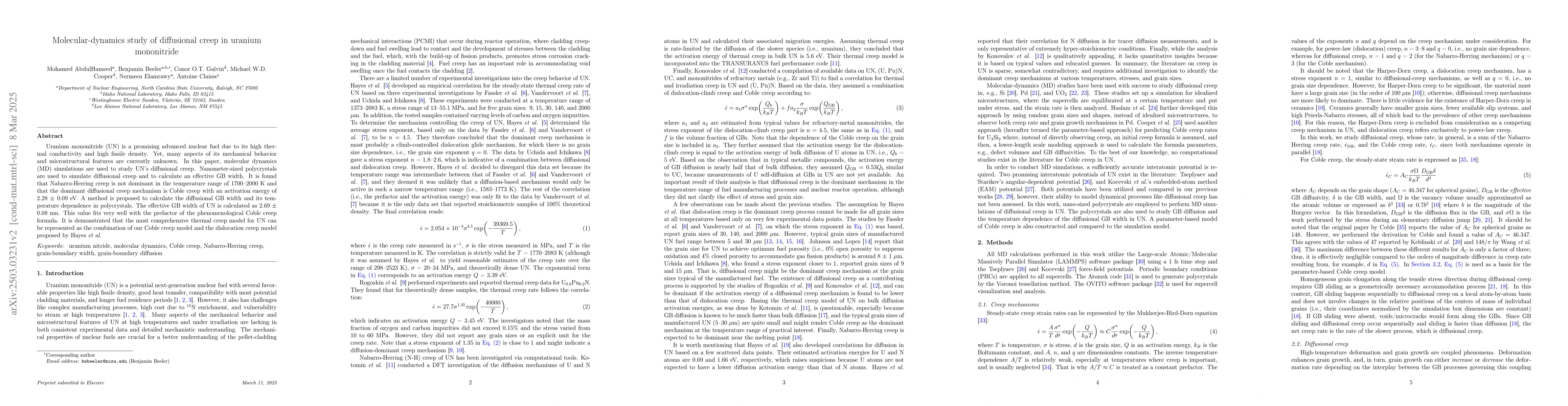 Thumbnail for Molecular-dynamics study of diffusional creep in uranium mononitride