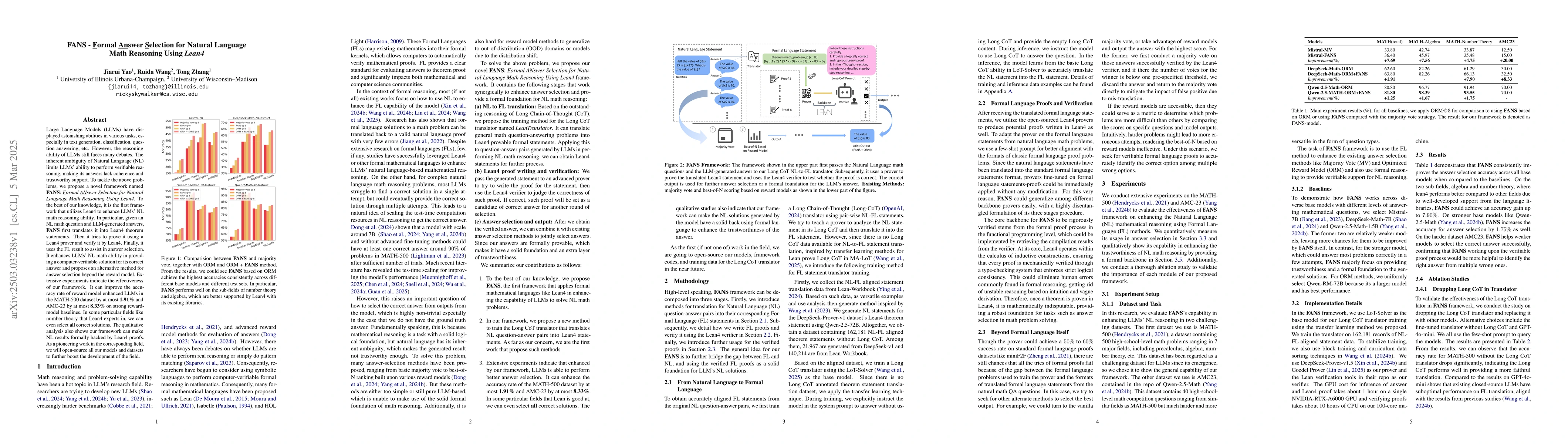 Thumbnail for FANS -- Formal Answer Selection for Natural Language Math Reasoning
  Using Lean4