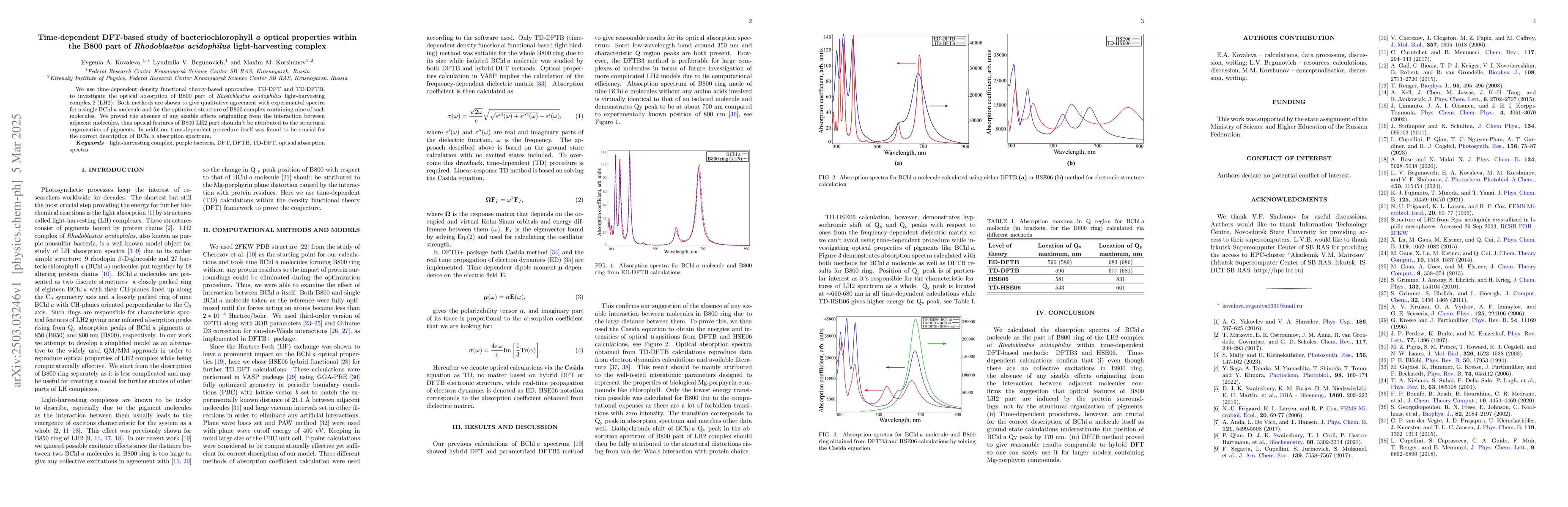 Thumbnail for Time-dependent DFT-based study of bacteriochlorophyll a optical
  properties within the B800 part of Rhodoblastus acidophilus light-harvesting
  complex