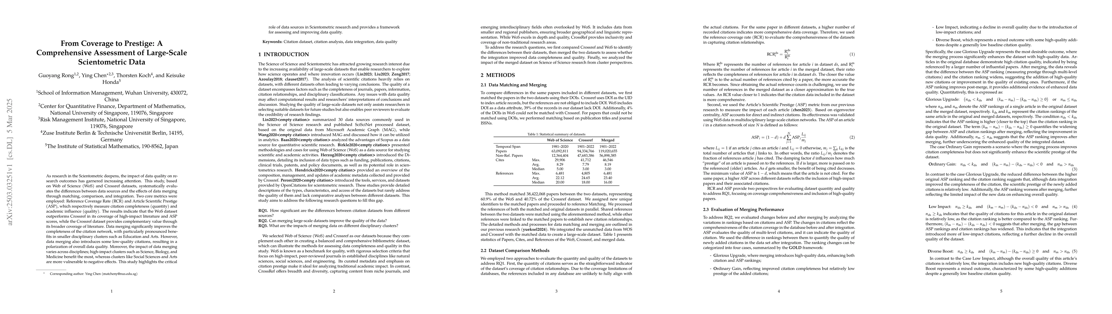Thumbnail for From Coverage to Prestige: A Comprehensive Assessment of Large-Scale
  Scientometric Data