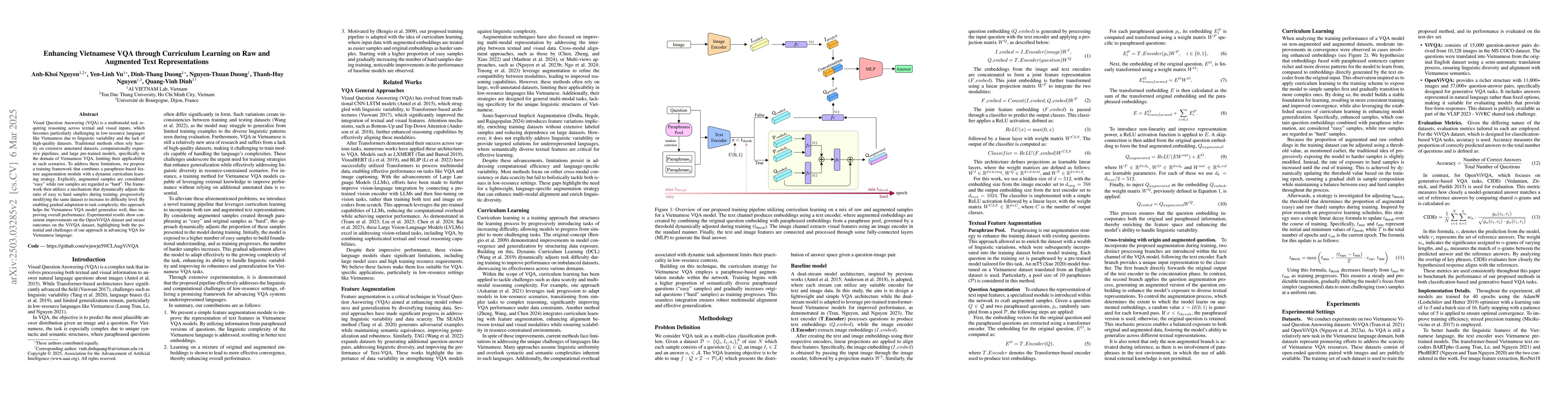 Thumbnail for Enhancing Vietnamese VQA through Curriculum Learning on Raw and
  Augmented Text Representations