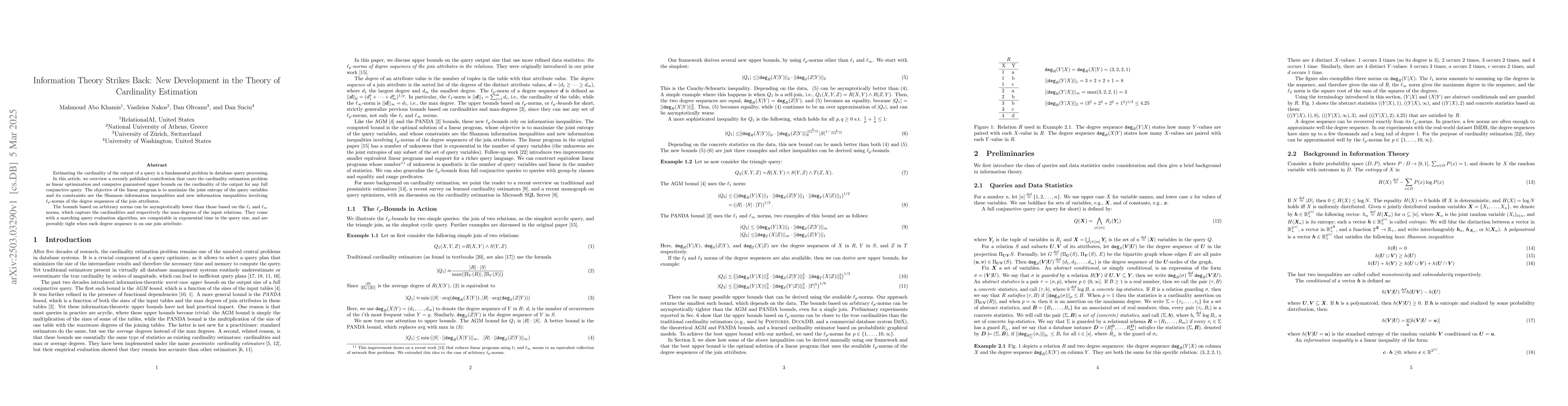 Thumbnail for Information Theory Strikes Back: New Development in the Theory of
  Cardinality Estimation