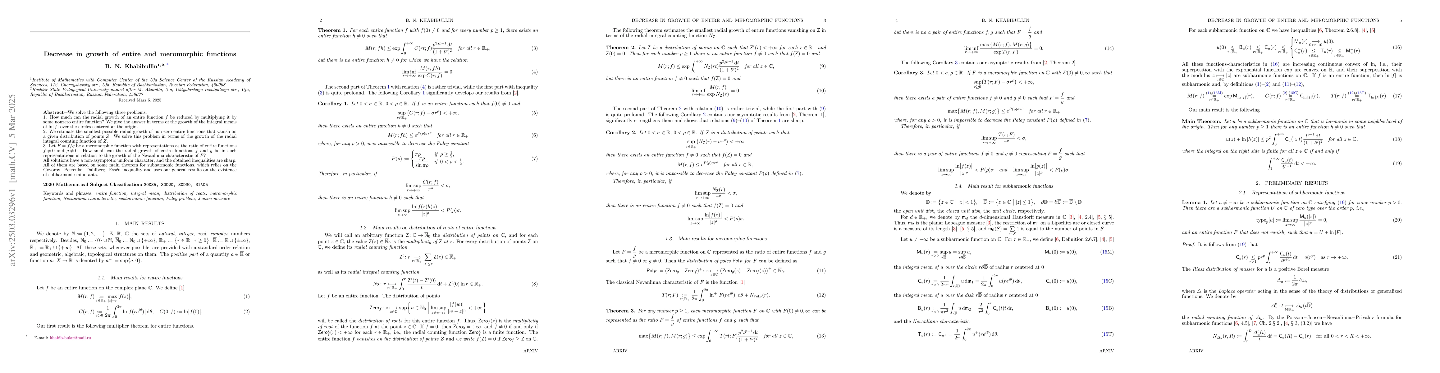 Thumbnail for Decrease in growth of entire and meromorphic functions