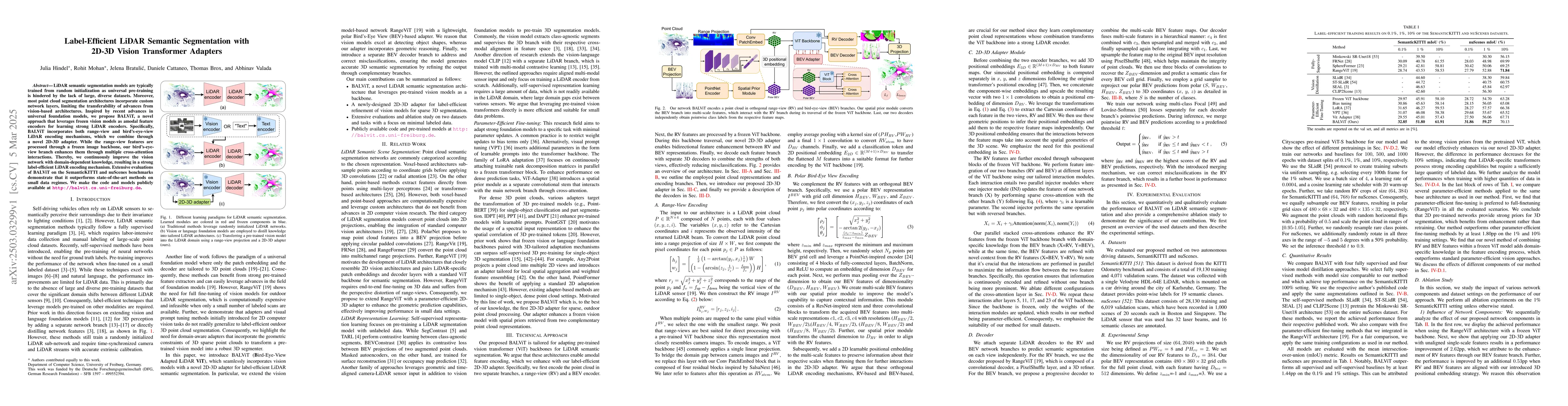 Thumbnail for Label-Efficient LiDAR Semantic Segmentation with 2D-3D Vision
  Transformer Adapters