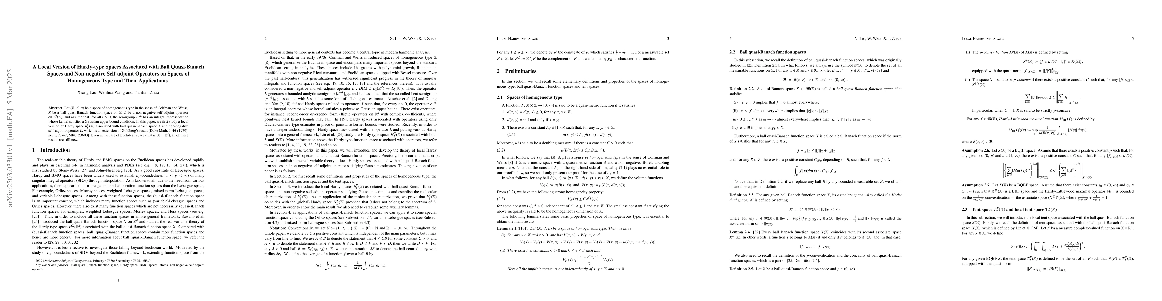 Thumbnail for A Local Version of Hardy-type Spaces Associated with Ball Quasi-Banach
  Spaces and Non-negative Self-adjoint Operators on Spaces of Homogeneous Type
  and Their Applications