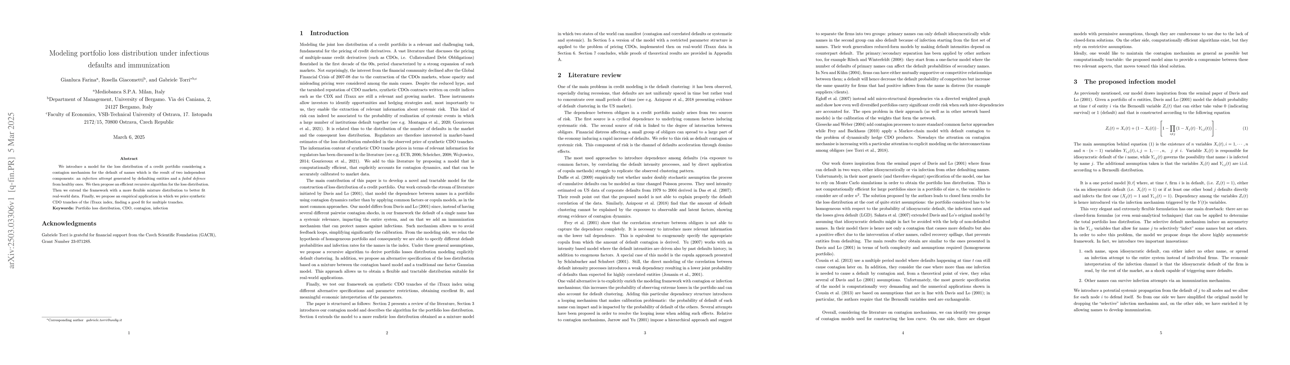 Thumbnail for Modeling portfolio loss distribution under infectious defaults and
  immunization