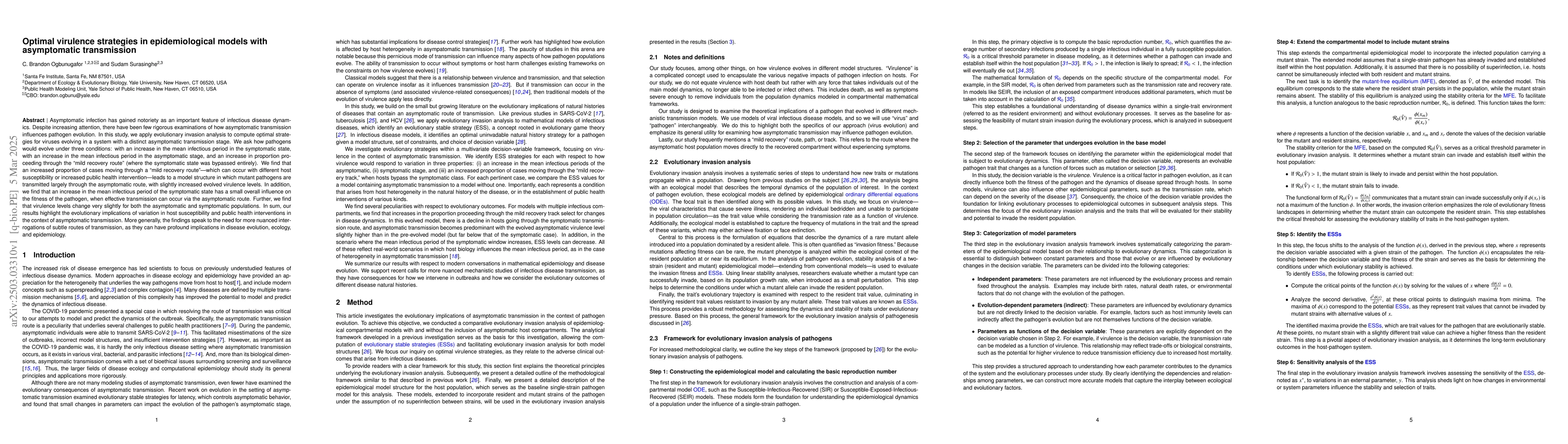 Thumbnail for Optimal virulence strategies in epidemiological models with asymptomatic
  transmission