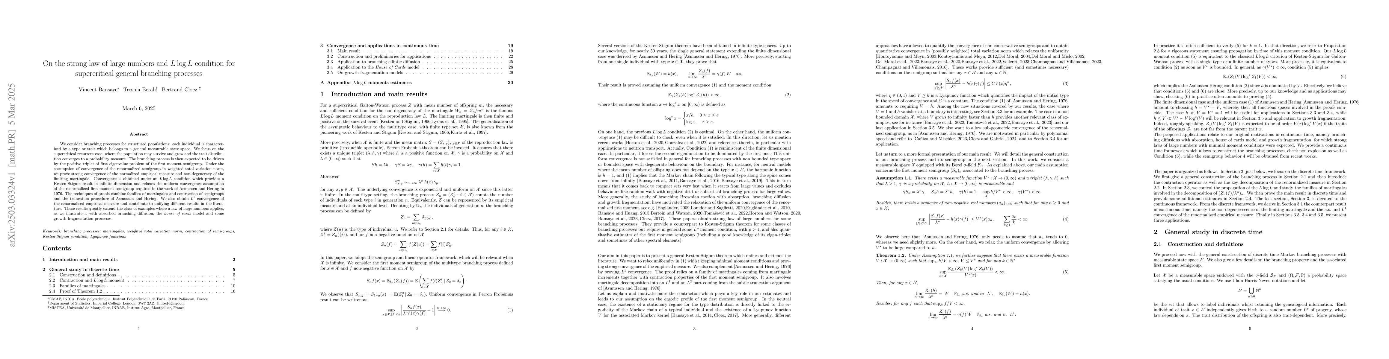 Thumbnail for On the strong law of large numbers and Llog L condition for
  supercritical general branching processes