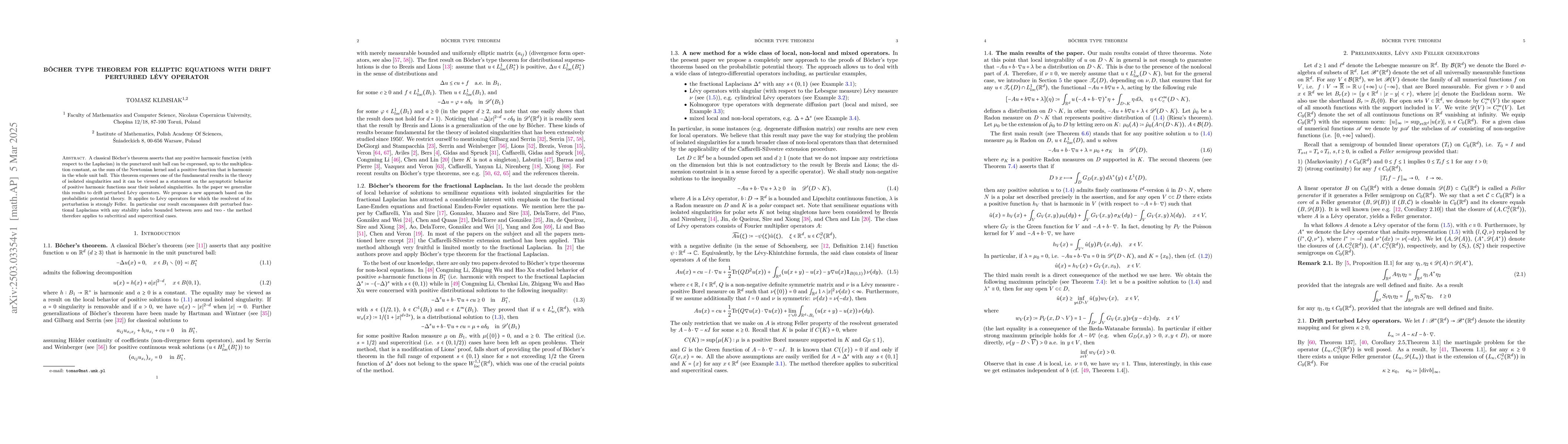 Thumbnail for Bôcher type theorem for elliptic equations with drift perturbed Lévy
  operator