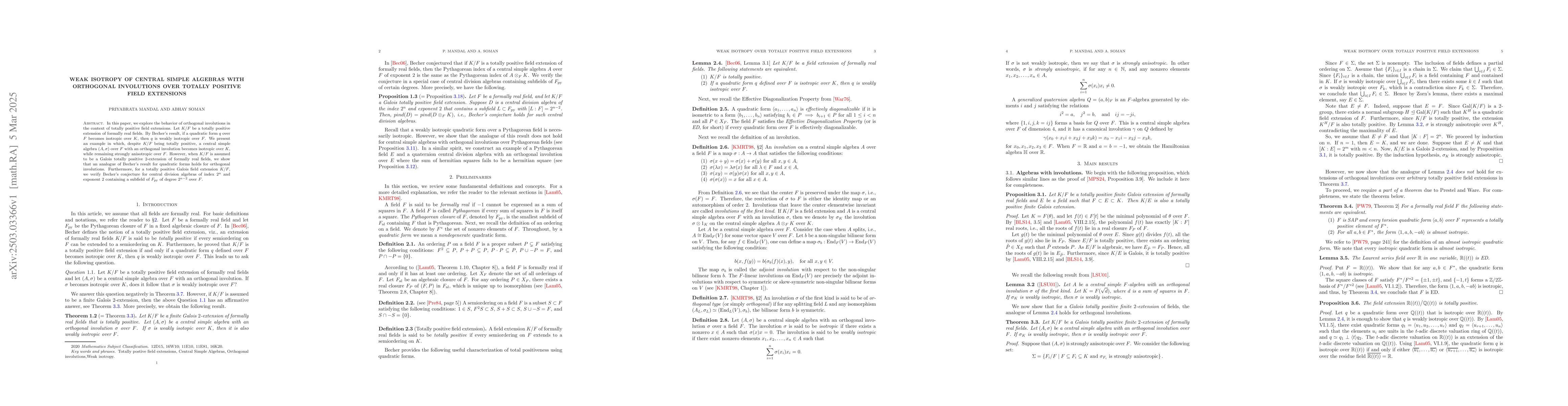 Thumbnail for Weak isotropy of central simple algebras with orthogonal involutions
  over totally positive field extensions