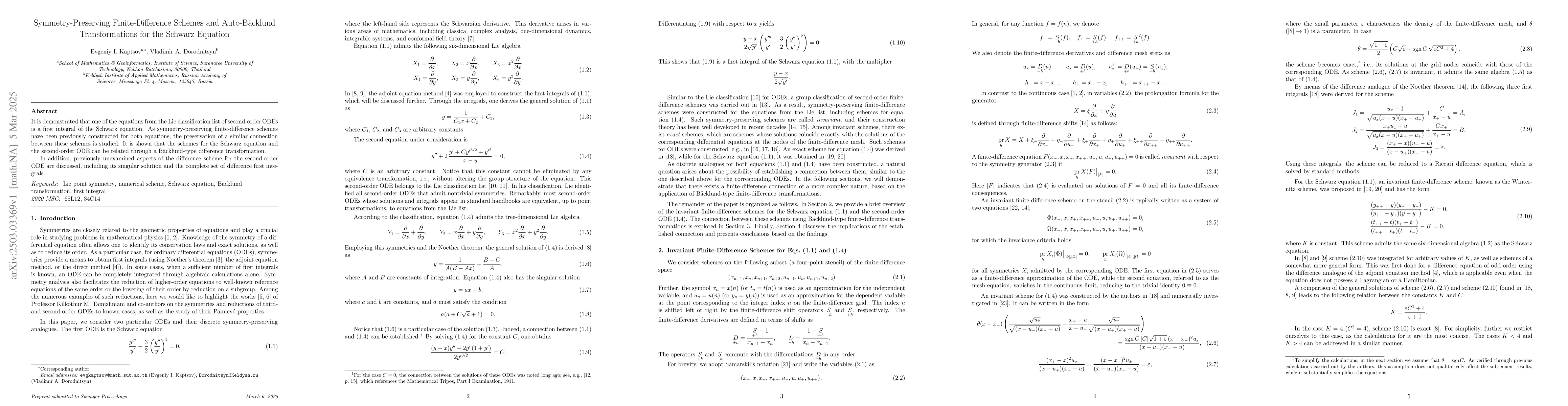 Thumbnail for Symmetry-Preserving Finite-Difference Schemes and Auto-Bäcklund
  Transformations for the Schwarz Equation