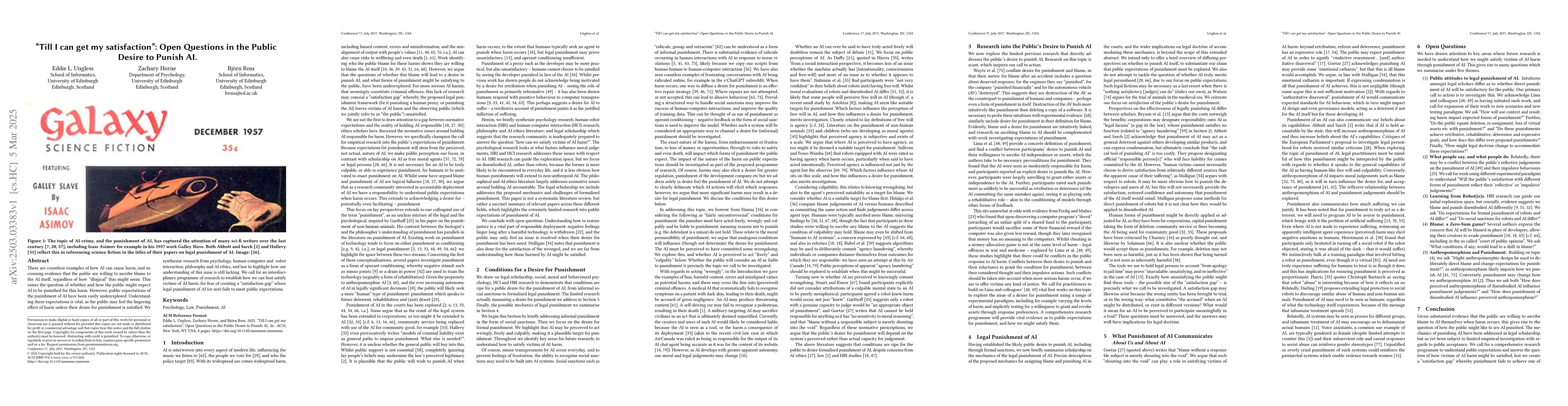 Thumbnail for "Till I can get my satisfaction": Open Questions in the Public Desire to
  Punish AI