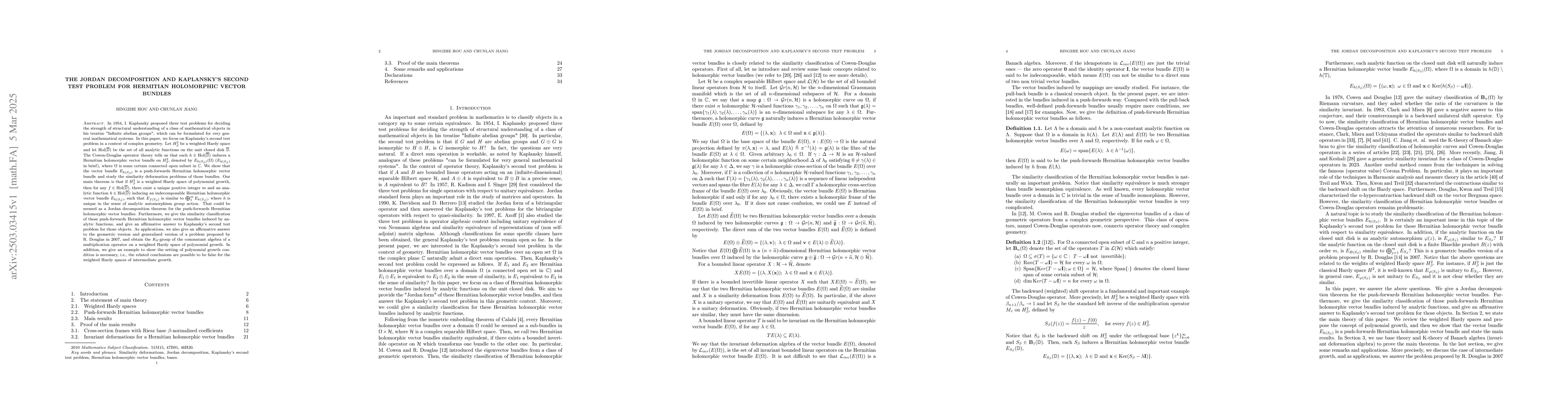 Thumbnail for The Jordan decomposition and Kaplansky's second test problem for
  Hermitian holomorphic vector bundles
