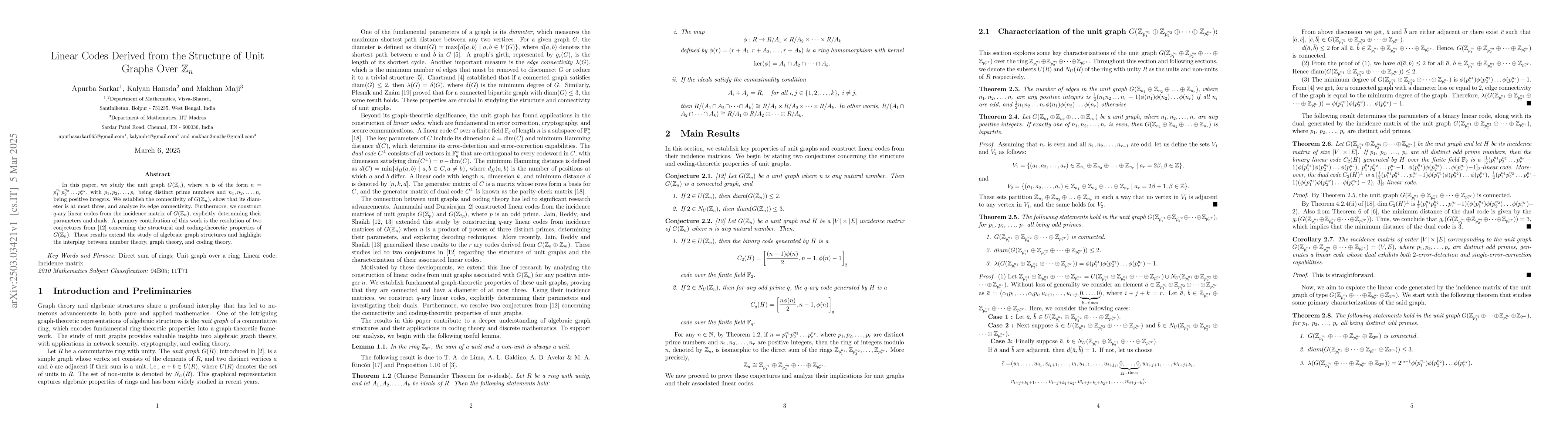 Thumbnail for Linear Codes Derived from the Structure of Unit Graphs Over
  $\mathbb{Z}_n$