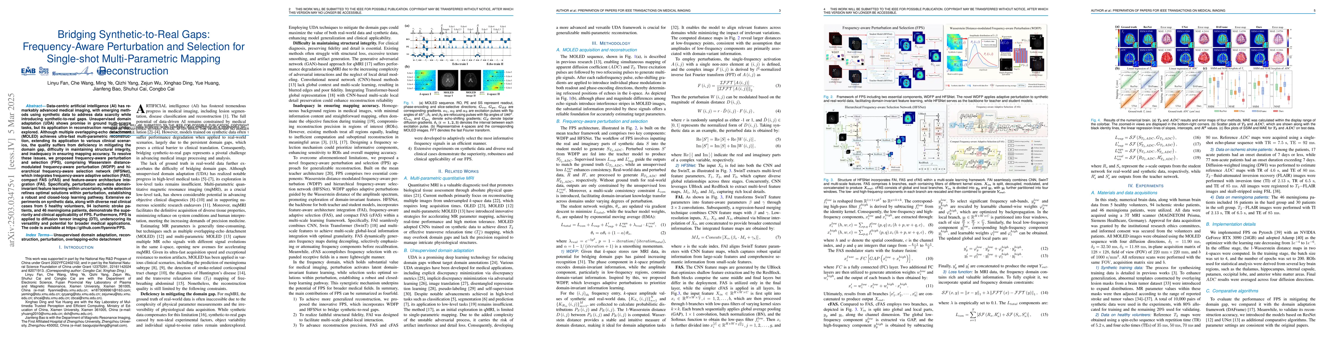 Thumbnail for Bridging Synthetic-to-Real Gaps: Frequency-Aware Perturbation and
  Selection for Single-shot Multi-Parametric Mapping Reconstruction